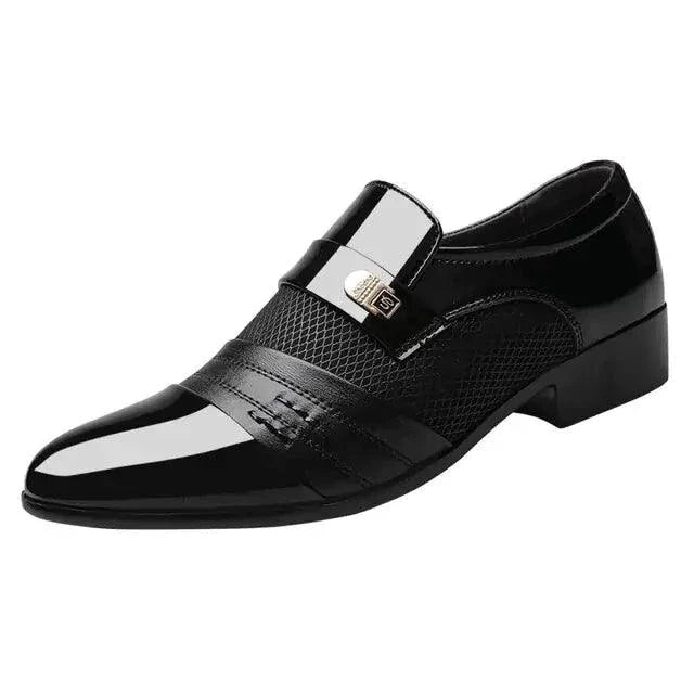 Men's luxury leather loafers by MANDOTOS, showcasing sleek black slip-on shoes with smooth leather finish and stylish design.