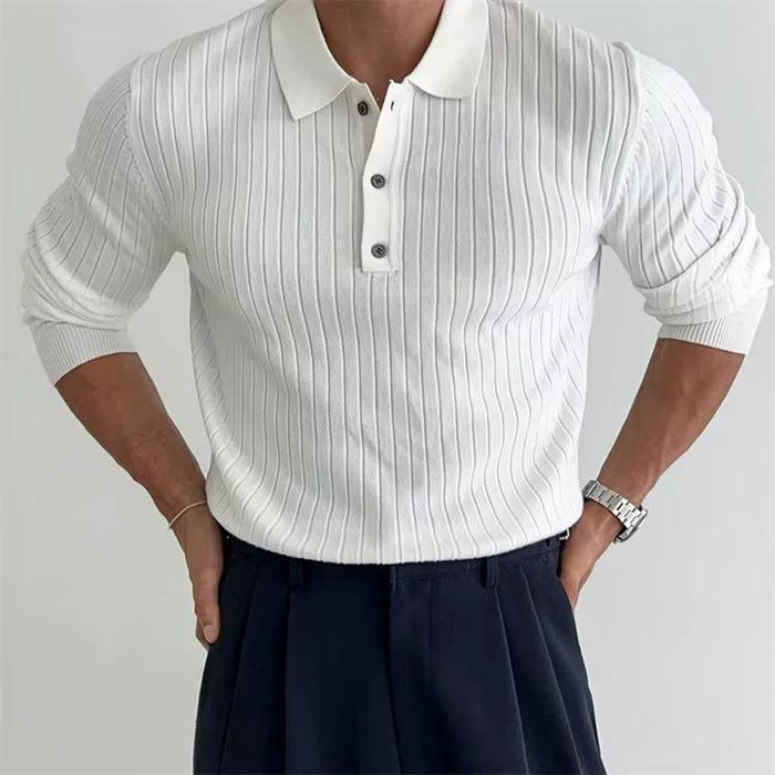 Men's slim fit polo shirt with lapel collar and button details by MANDOTOS, featuring long sleeves and classic design.