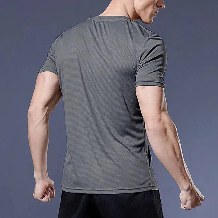 Men's quick dry compression fitness T-Shirt by MANDOTOS, shown in black with moisture-wicking fabric and athletic fit.