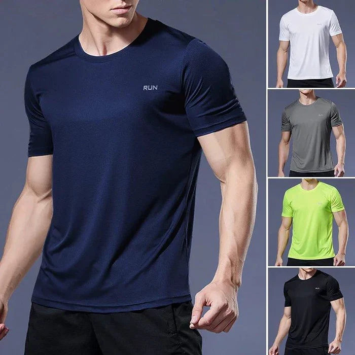 Mandotos men's quick dry compression fitness T-shirt showing a snug fit, breathable fabric, and athletic design for active wear.