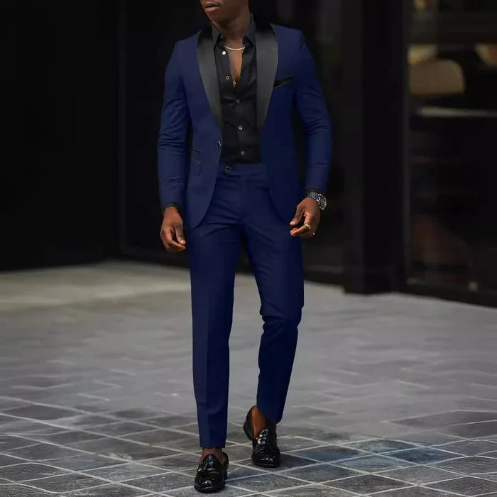 Men's slim-fit business casual suit jacket and trousers by MANDOTOS INTERNATIONAL, tailored fit, in classic dark color.