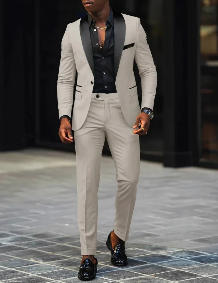 Men's slim-fit business casual suit jacket and trousers by MANDOTOS INTERNATIONAL, tailored fit for professional style.