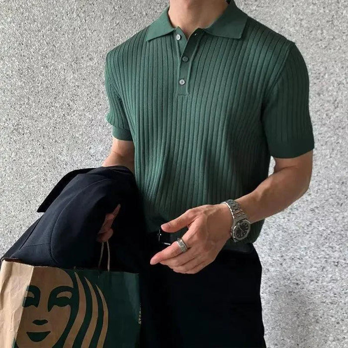 Men's textured knit lapel polo shirt by MANDOTOS, shown in a close-up of the fabric and collar detail.