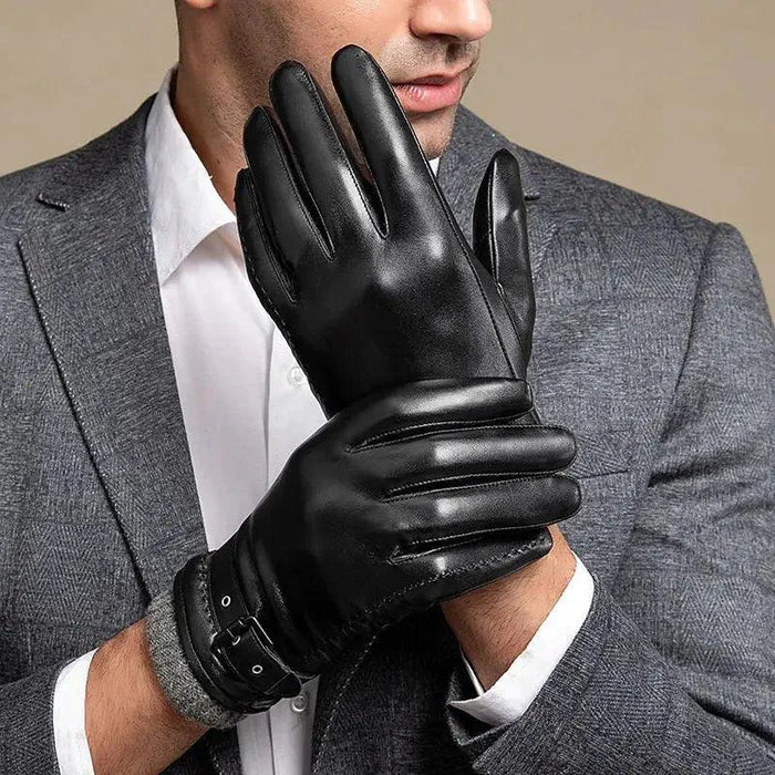 Mandotos men's winter leather gloves showing black textured leather with a snug fit and detailed stitching.