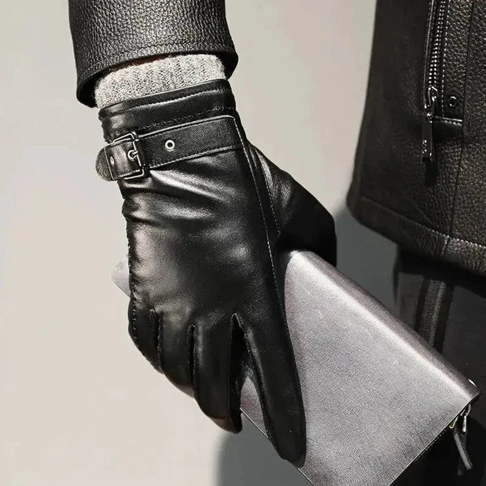 Mandotos men's winter leather gloves shown in black, featuring a snug fit and smooth leather texture for cold weather warmth.