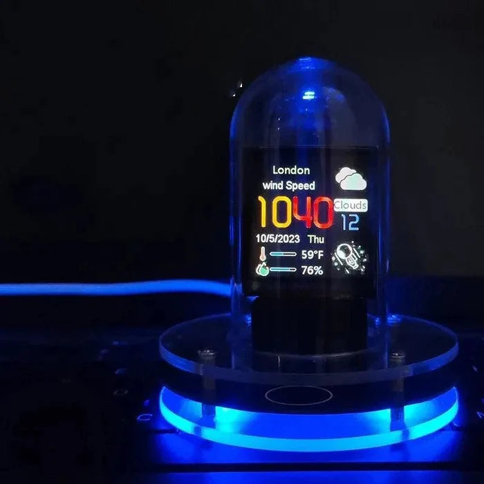Mandotos MeteorGlow RGB Desk Clock with colorful LED lighting, modern design, and digital display for stylish workspace decor.