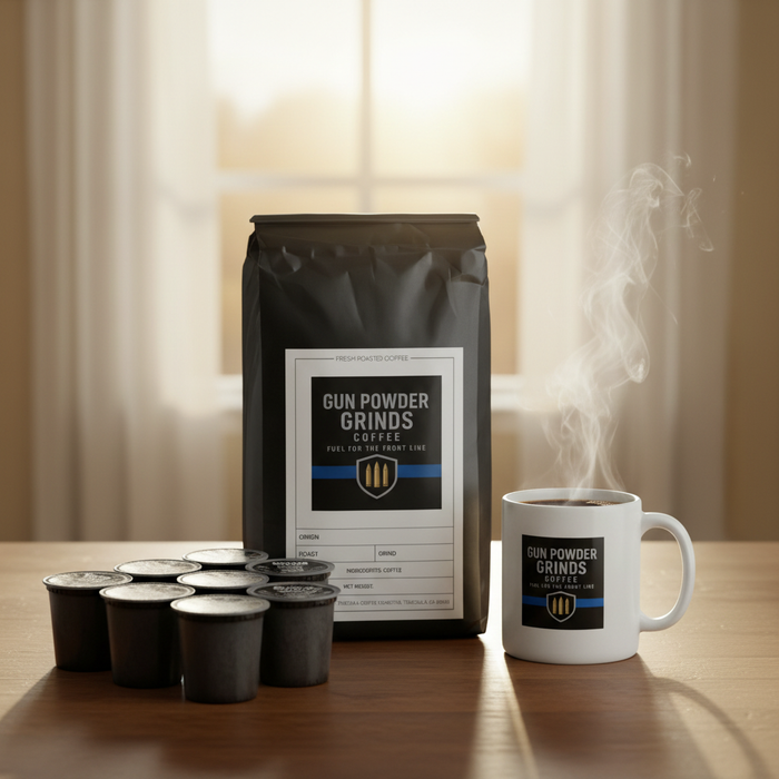 Gun Powder Grinds bag and K-cups with coffee mug