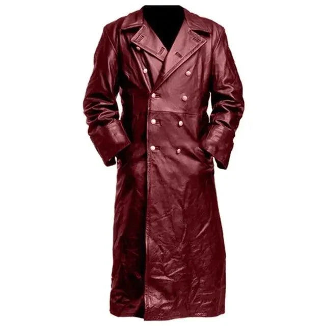 Mandotos Midnight Leather Trench coat shown on a model, featuring a sleek design and classic silhouette in black leather.