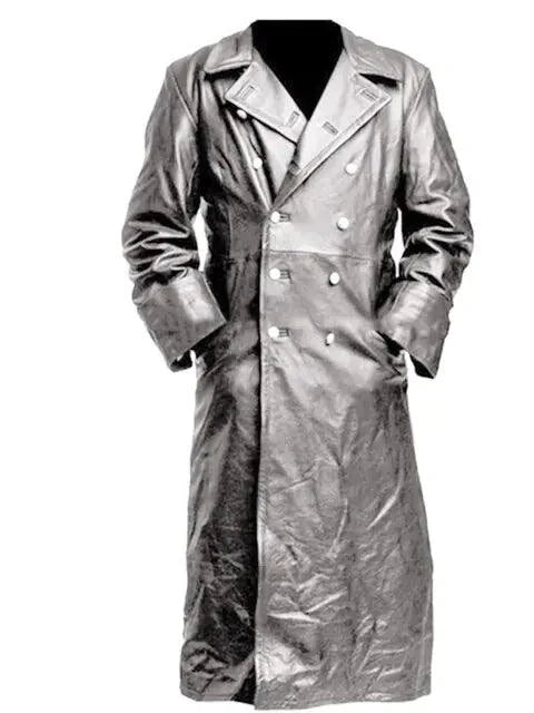 Mandotos Midnight Leather Trench coat featuring a sleek black design and classic silhouette, styled with a collar and button details.