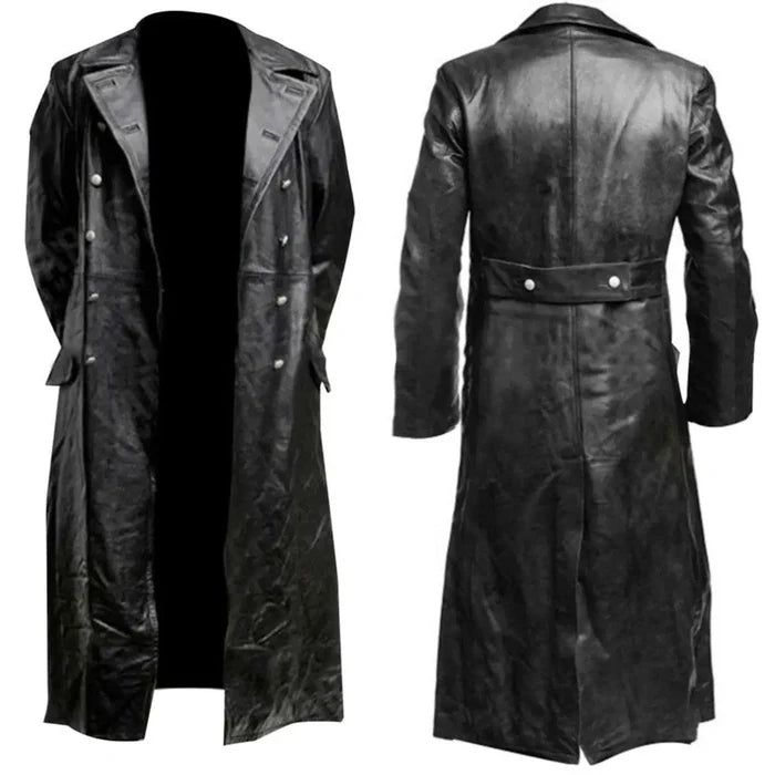 Mandotos Midnight Leather Trench coat featuring sleek black leather and classic design, shown hanging on a hanger.