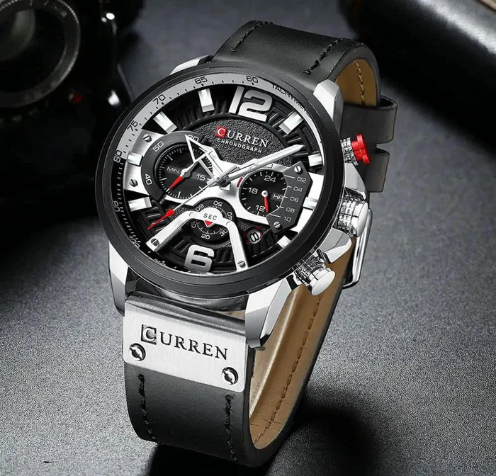 Mandotos military leather chronograph wristwatch with black dial and leather strap, featuring multiple subdials and stainless steel case.