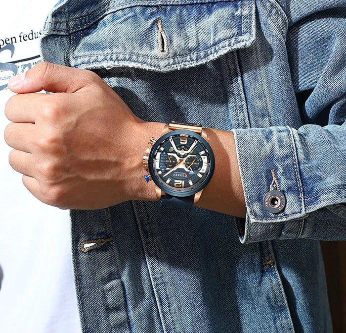 Mandotos military leather chronograph wristwatch with black dial, silver case, and leather strap, showcasing rugged, tactical style.