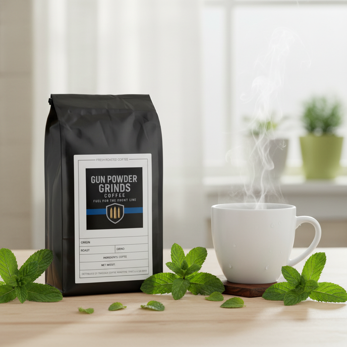 Gun Powder Grinds Mint with steaming mug