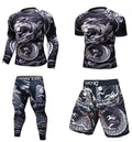 Dragon print compression shirts and shorts for men, athletic wear with bold Asian-inspired design