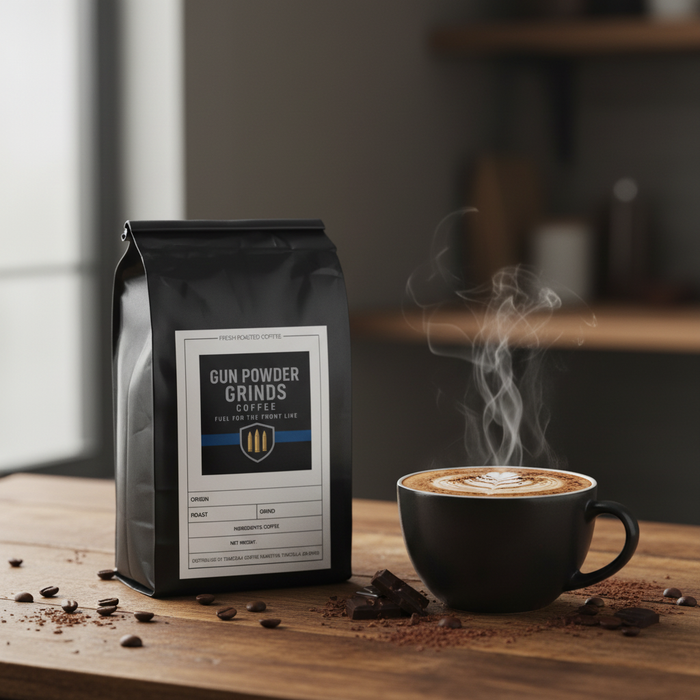 Gun Powder Grinds Mocha with steaming mug