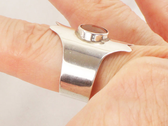 Modernist 950 Silver Ring: Brown Stone Wide Band, Size 9 1/2
