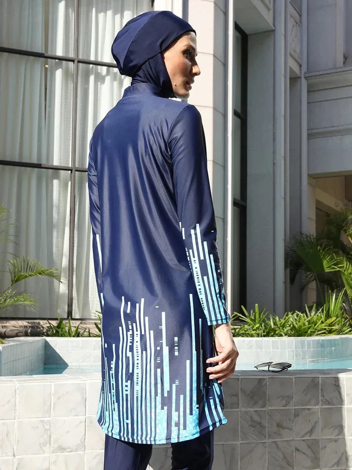 Mandotos International modest Muslim burkini with full coverage, stylish design, and functional swimwear for middle-aged women, in navy blue.
