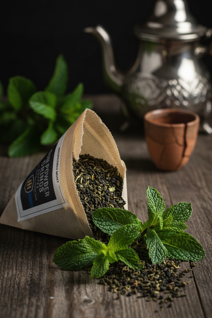 Gun Powder Grinds Moroccan Mint close-up with tea spilling
