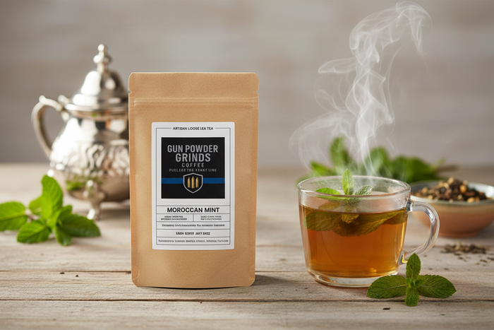 Gun Powder Grinds Moroccan Mint with steaming cup