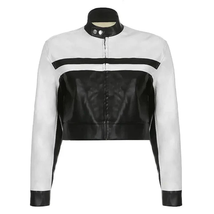 Mandotos mosaic leather jacket featuring colorful patchwork, slim fit design, and stylish collar on a model.