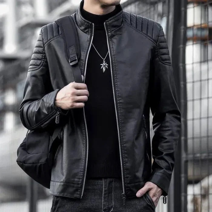 Men's black motorcycle leather jacket by MANDOTOS featuring a classic design, front zipper, and shoulder detailing.