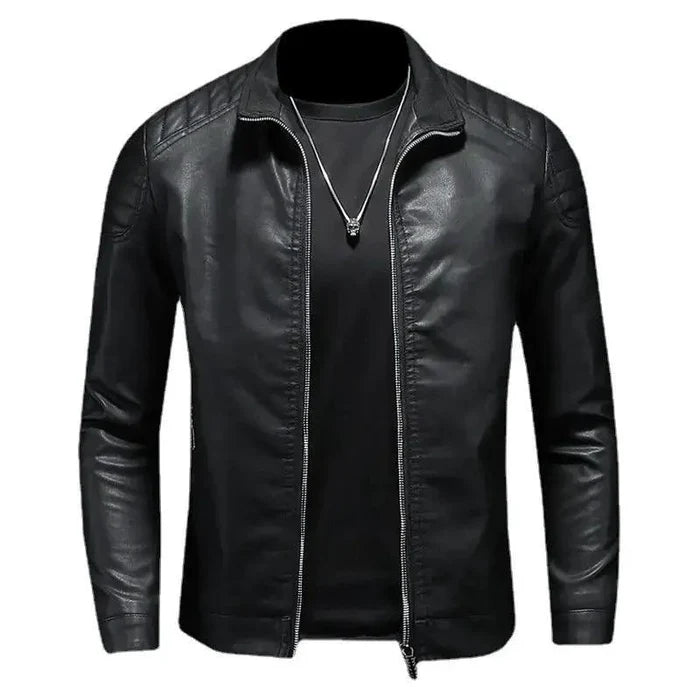 Men's motorcycle leather jacket by MANDOTOS featuring a classic black design and rugged style.