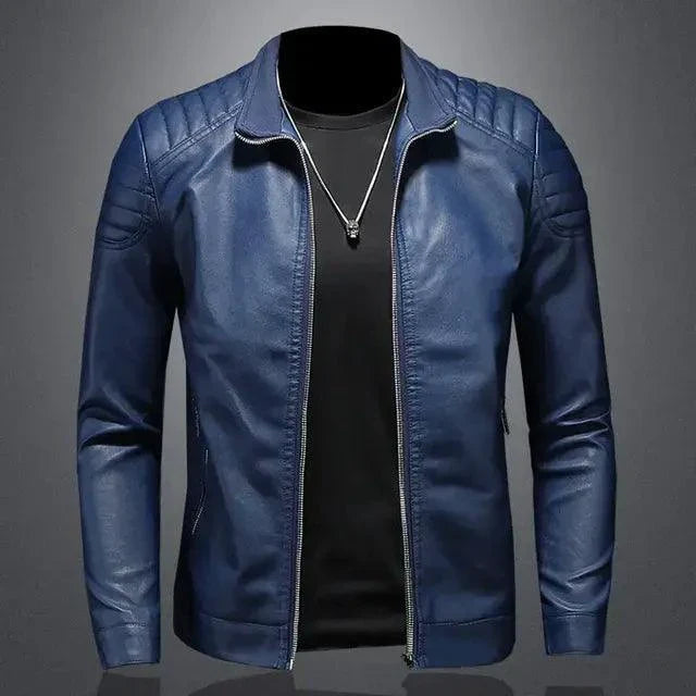 Mandotos men's motorcycle leather jacket with front zipper, shoulder pads, and stylish design for riding and casual wear.