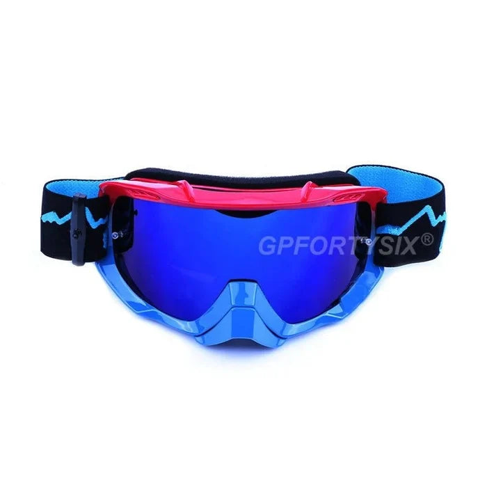 Mandotos International mountain bike goggles and off-road motorcycle sunglasses with tinted lenses and adjustable straps.