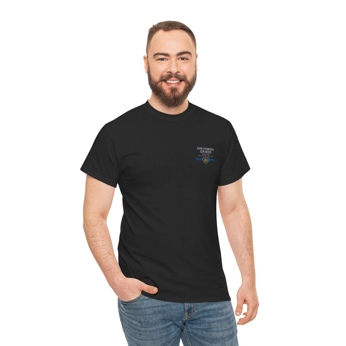 Man wearing a black t-shirt with a logo on a white background