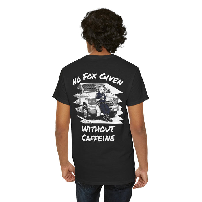 Person wearing a black t-shirt with a graphic and text on the back, on a white background
