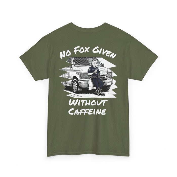 Green t-shirt with graphic design and text on a white background