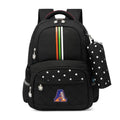 Black school backpack with rainbow stripe, star pattern, and letter A patch, ideal for students and travel