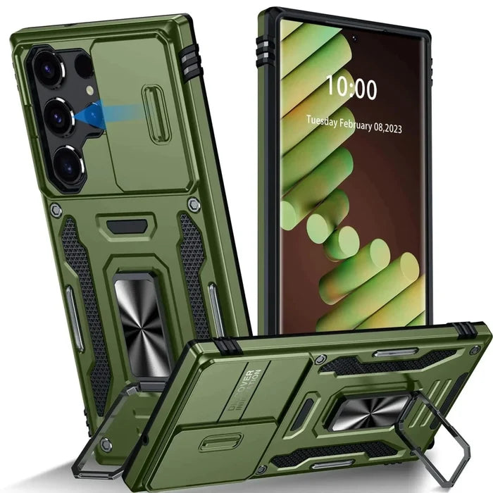 Mandotos OtterBox Galaxy S23 Ultra rugged case with kickstand in olive green, designed for adventure seekers.