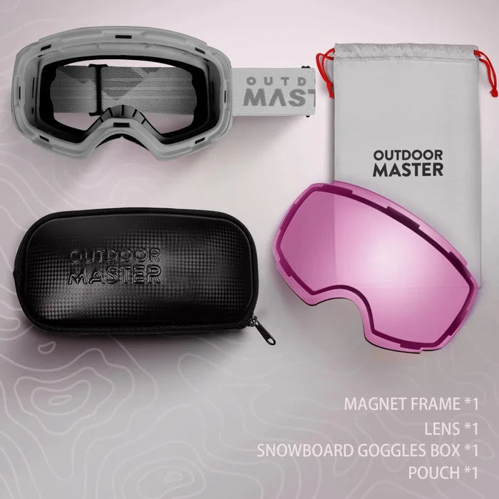 OutdoorMaster ski goggles with full-coated spherical lenses, designed for clear vision and protection during winter sports.