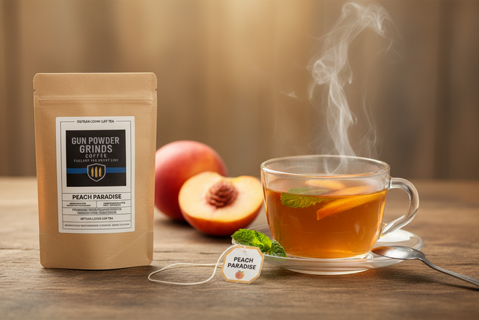 Gun Powder Grinds Peach Paradise with steaming cup
