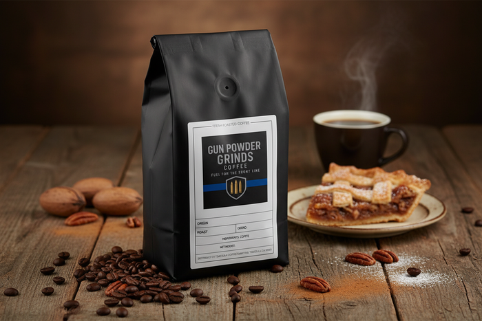 Gun Powder Grinds Pecan Pie with pecans and pie elements