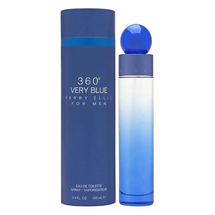 Perry Ellis 360 Blue Essence men's cologne bottle, 3.4 oz, with blue and silver packaging, displayed on a white background.
