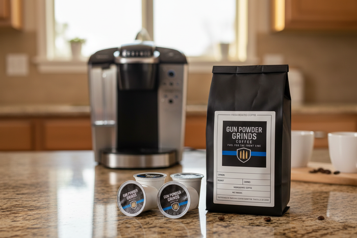 Gun Powder Grinds bag and K-cups with Keurig