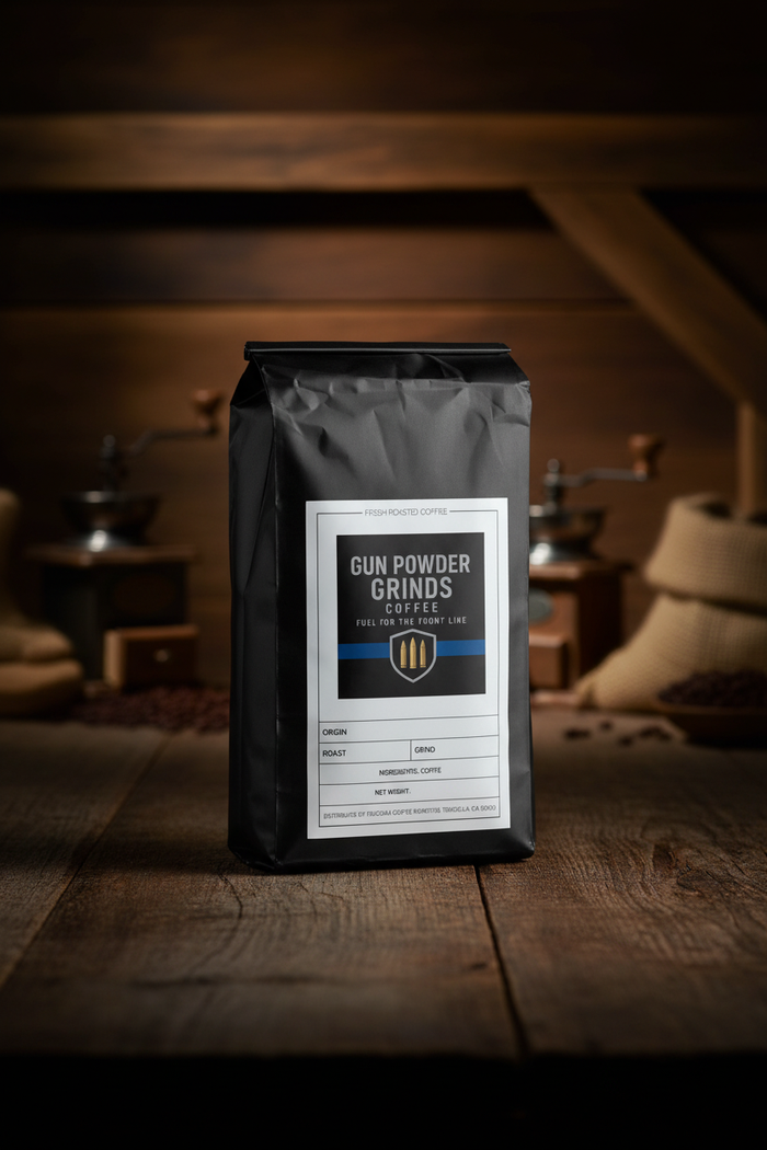 Gun Powder Grinds Peru Decaf on wooden surface