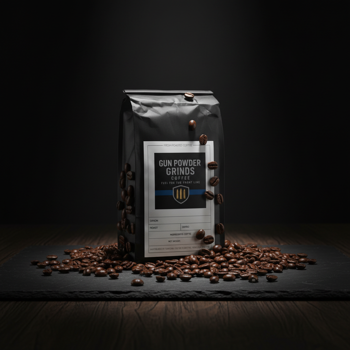 Gun Powder Grinds Peru Decaf with scattered beans