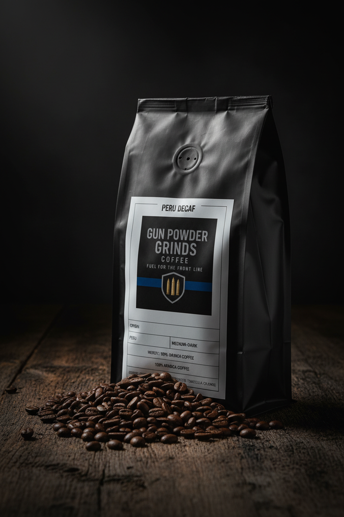 Gun Powder Grinds Peru Decaf close-up with beans spilling