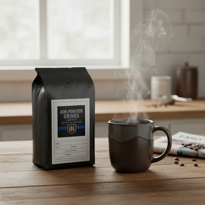Gun Powder Grinds Peru with steaming mug