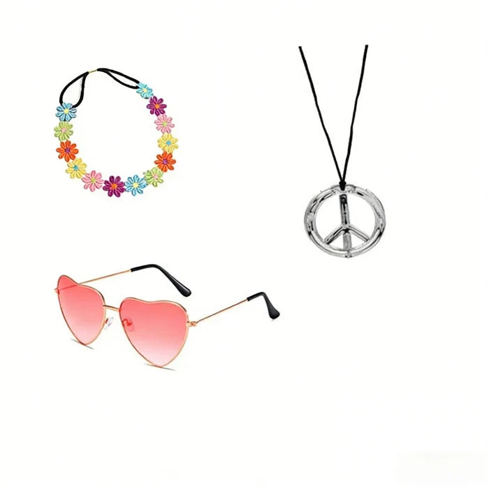 Pesenar 60s hippie costume accessory set includes flower headband, pink heart sunglasses, and peace sign necklace.