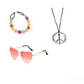 Pesenar 60s hippie costume accessory set with flower headband, pink heart sunglasses, and peace sign necklace, by Mandotos International.