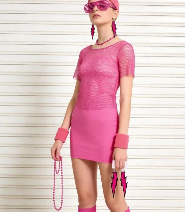 PESENAR 80s neon pink mesh costume accessory set with leg warmers, sunglasses, and earrings by MANDOTOS INTERNATIONAL.