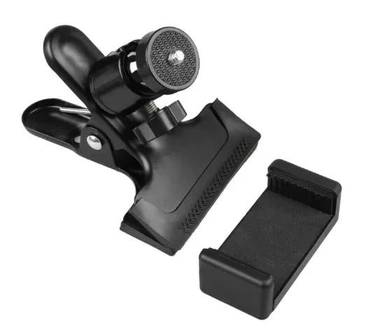 Mandotos Phone Guitar Clip Stand holding a smartphone, adjustable design for easy viewing and hands-free use.