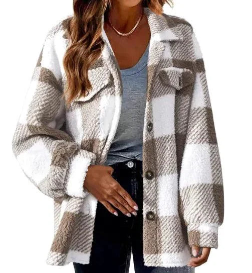 Mandotos plaid wool jacket with turndown collar, featuring a classic checkered pattern and cozy design for cold weather.