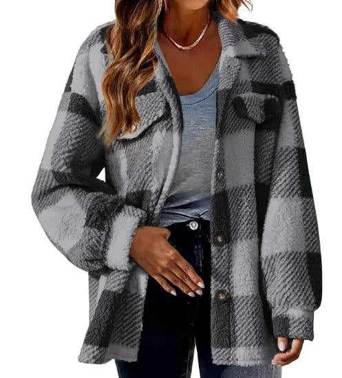 Mandotos plaid wool jacket with turndown collar, featuring a classic checkered pattern and cozy, warm fabric.
