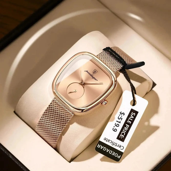 Mandotos POEDAGAR elegant women's mesh watch with waterproof stainless steel band and quartz movement.