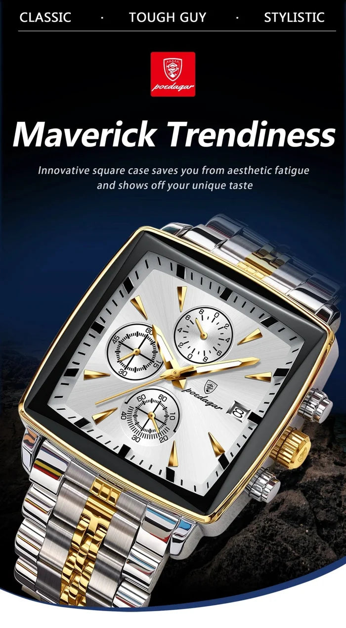 Mandotos POEDAGAR luxury men's chronograph watch with stainless steel band, luminous dial, waterproof, sporty design.